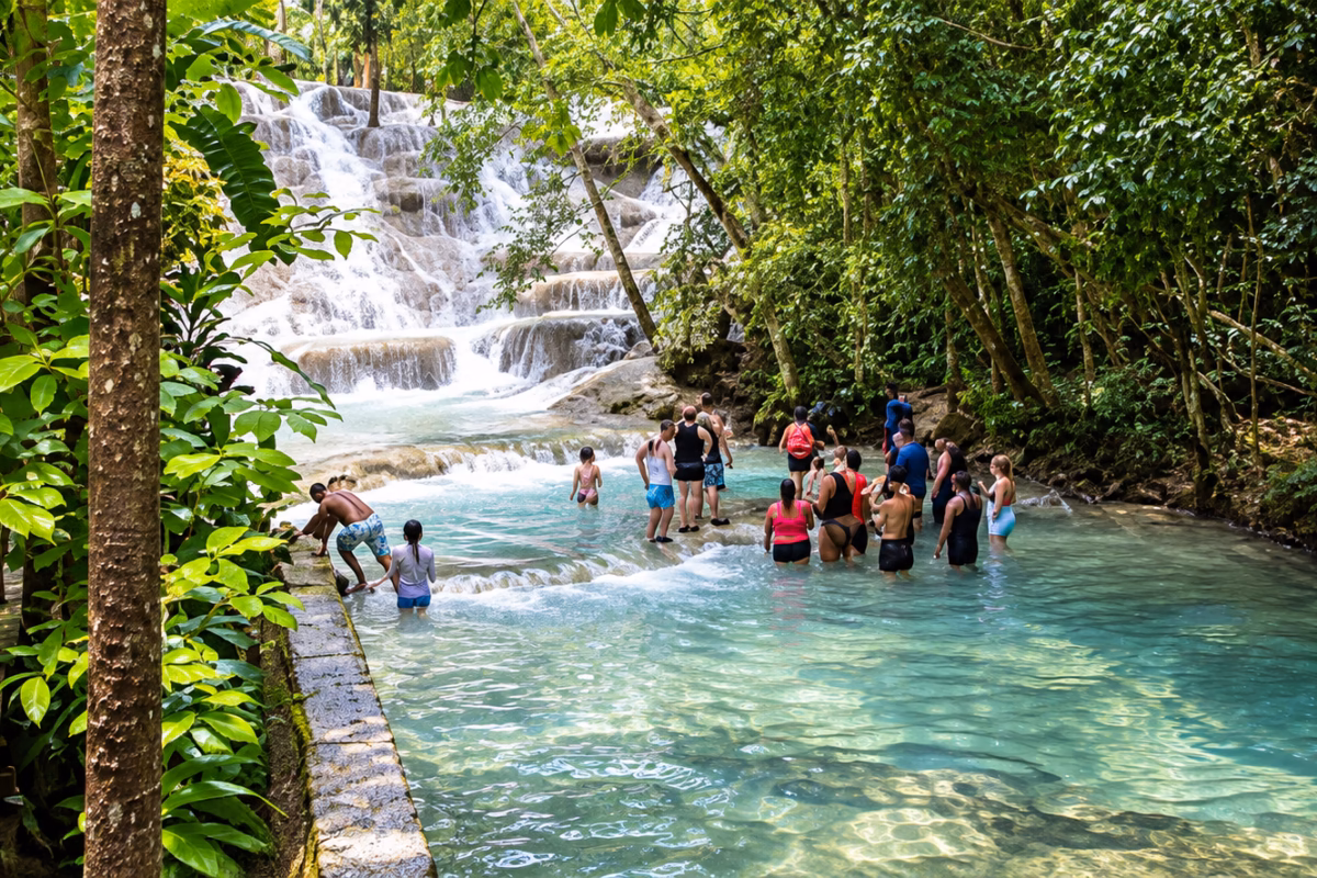 Visitors wading in the shallow pools below Dunn's River Falls
