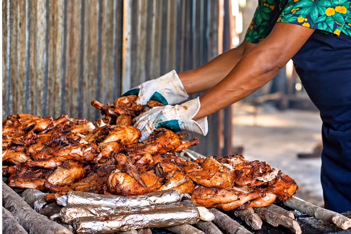 Cook in gloves turning jerk chicken on a wood-fired grill at Scotchies