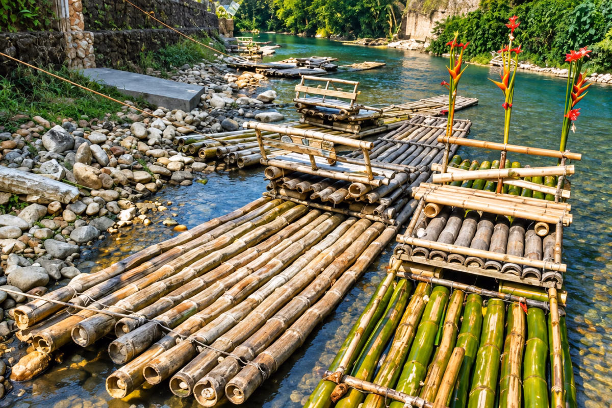 Bamboo rafts moored on the rocky bank of the Martha Brae River