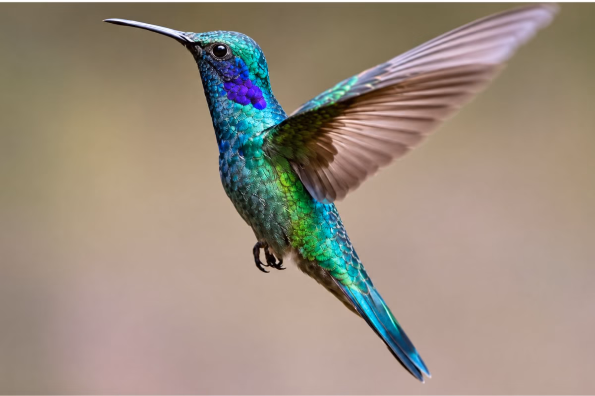 Iridescent green hummingbird hovering in mid-flight with wings spread