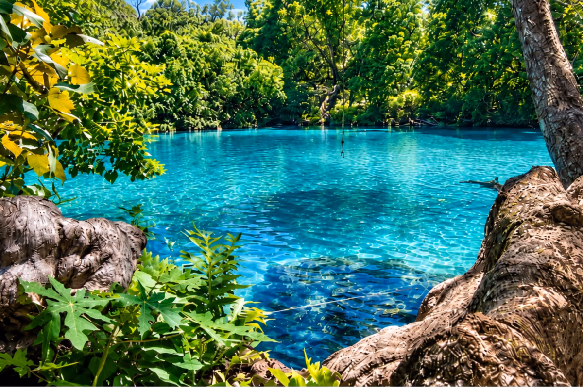 Turquoise water of the Blue Lagoon framed by trees and tropical plants