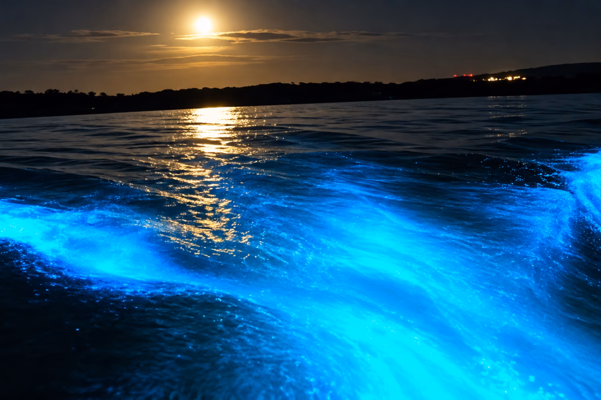 Bioluminescent water glowing blue under the moon at the Luminous Lagoon