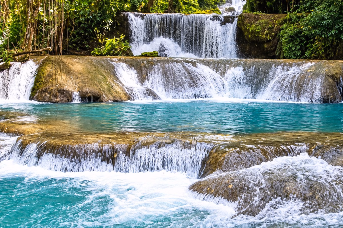 Tiered cascades tumbling into turquoise pools at YS Falls