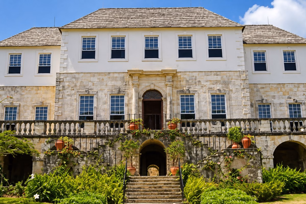Stone facade, terrace and front steps of Rose Hall Great House