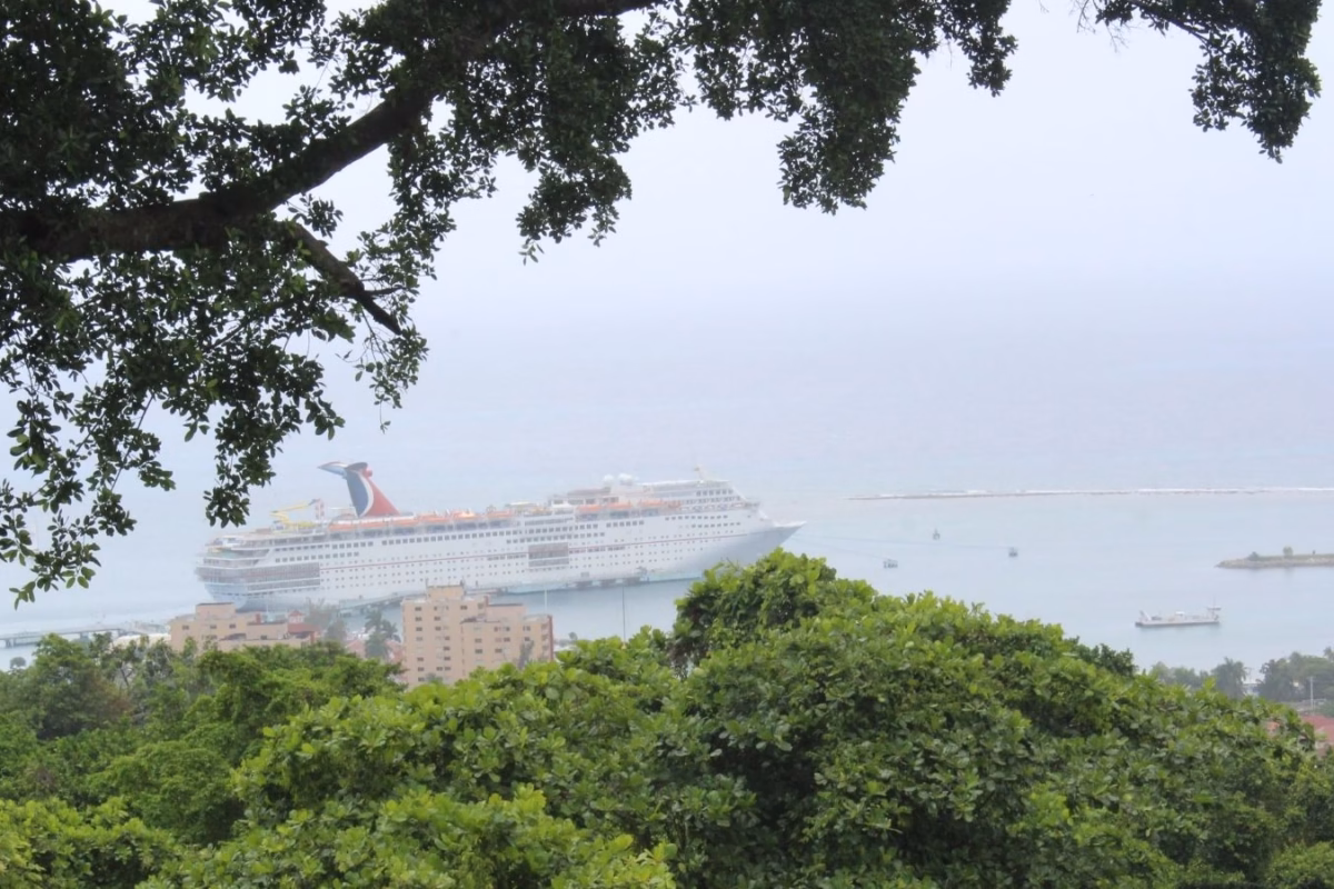 Carnival cruise ship docked at a Jamaican port, seen through hillside trees