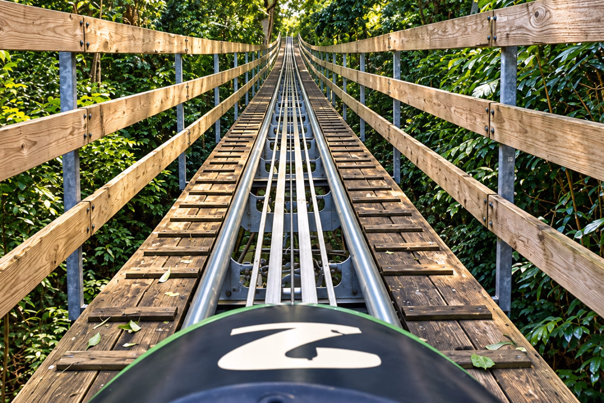Rider's view down the Mystic Mountain bobsled track through the rainforest