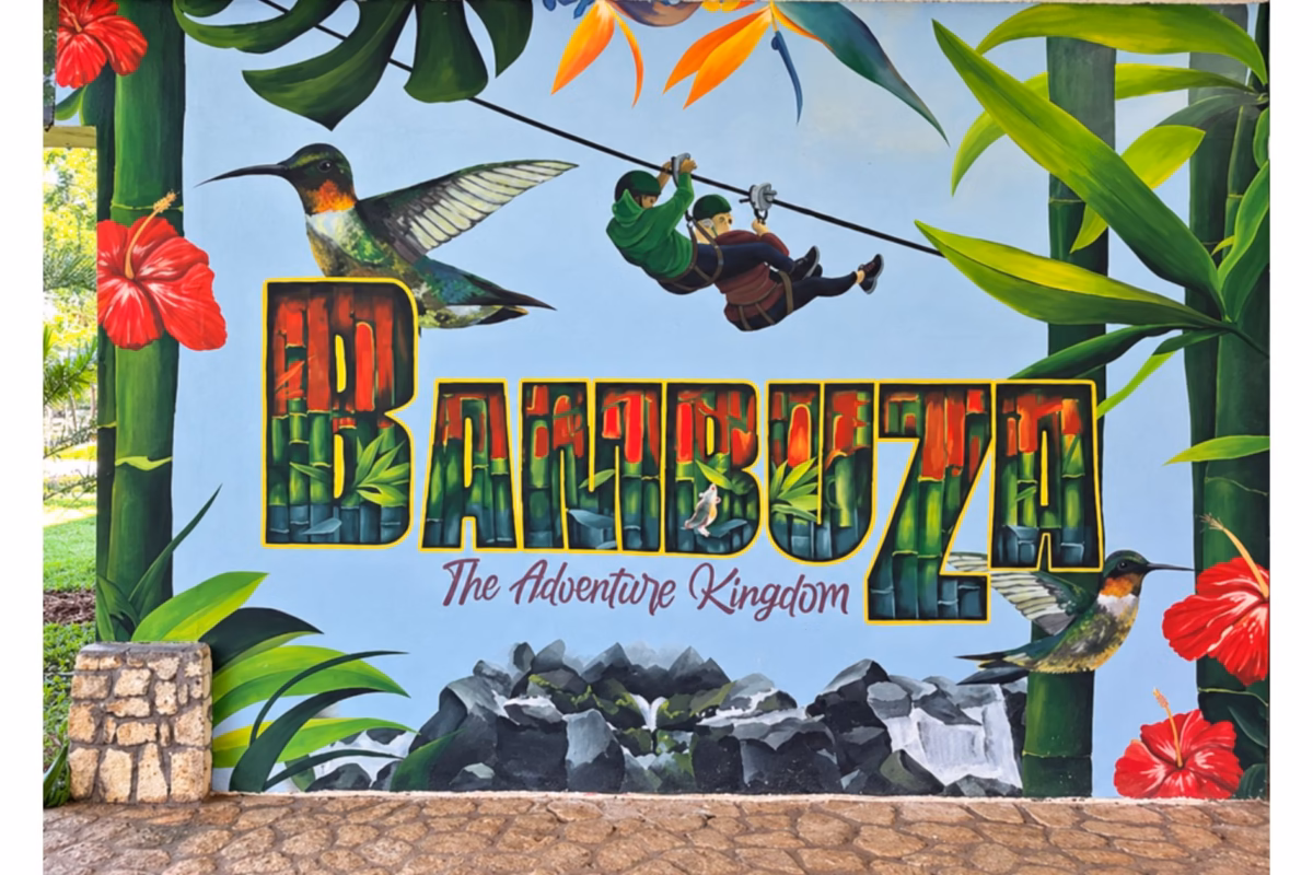 Bambuza The Adventure Kingdom sign painted with hummingbirds, hibiscus and a zipliner