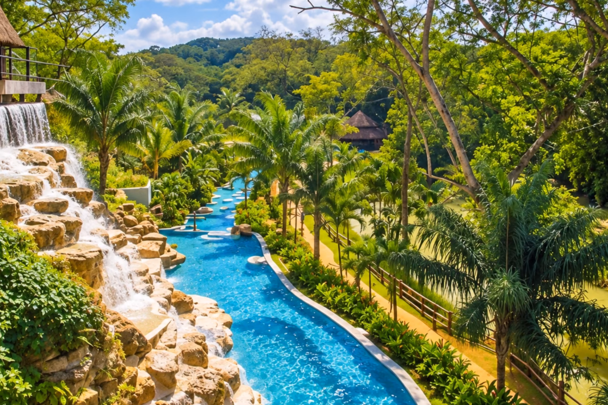 Lazy river pool beside a rock waterfall at Chukka River Outpost, Good Hope