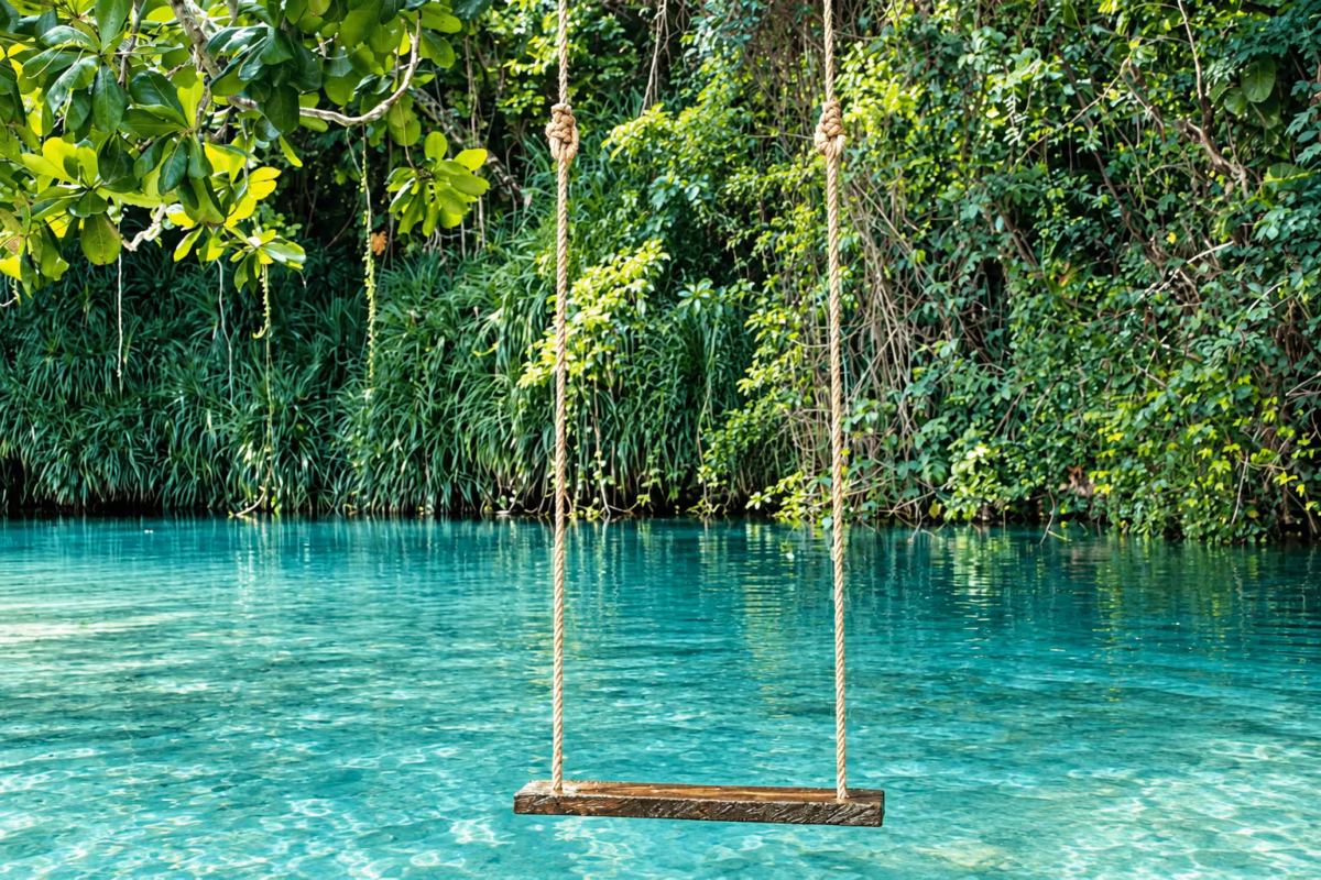 Rope swing hanging over clear turquoise water at Frenchman's Cove, Portland