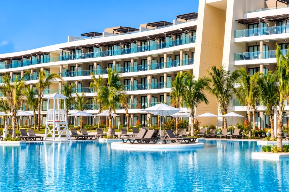 Ocean Coral Spring's curved hotel block above a large pool with palm islands