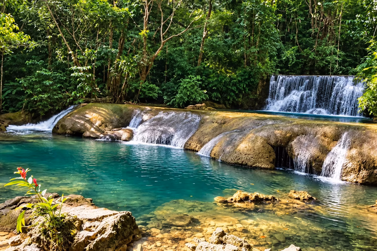 Turquoise river pool below cascading limestone waterfalls in tropical forest